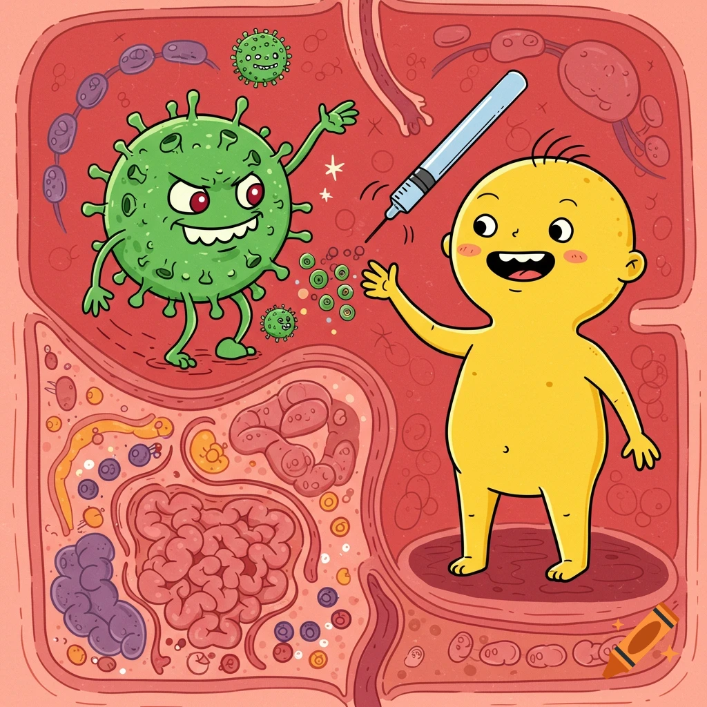 Cartoon illustration of a friendly yellow character giving an injection to a virus inside a body.