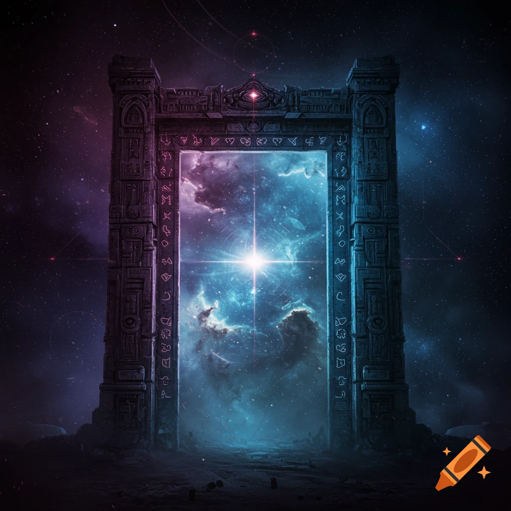 An ancient stone gate covered in glowing symbols, opening into a vibrant space nebula.