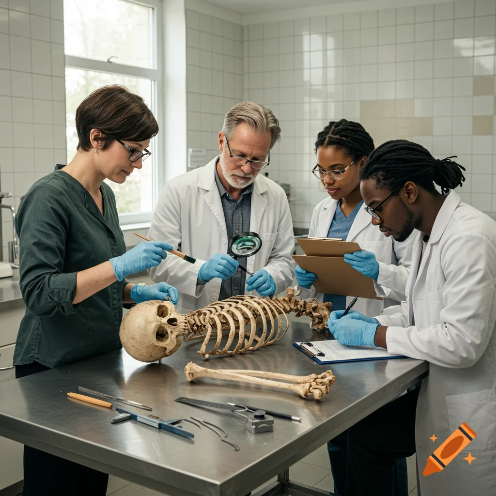 Forensic anthropologists examine a human skeleton on a lab table.