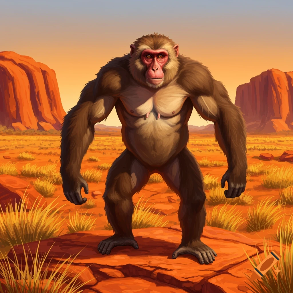 A muscular ape stands on a rock in a desert landscape at sunset.