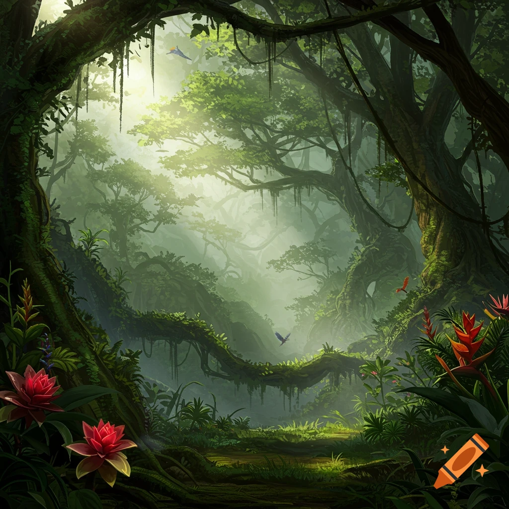 A lush, atmospheric jungle with light rays filtering through the canopy, tall trees, and vibrant tropical flowers.