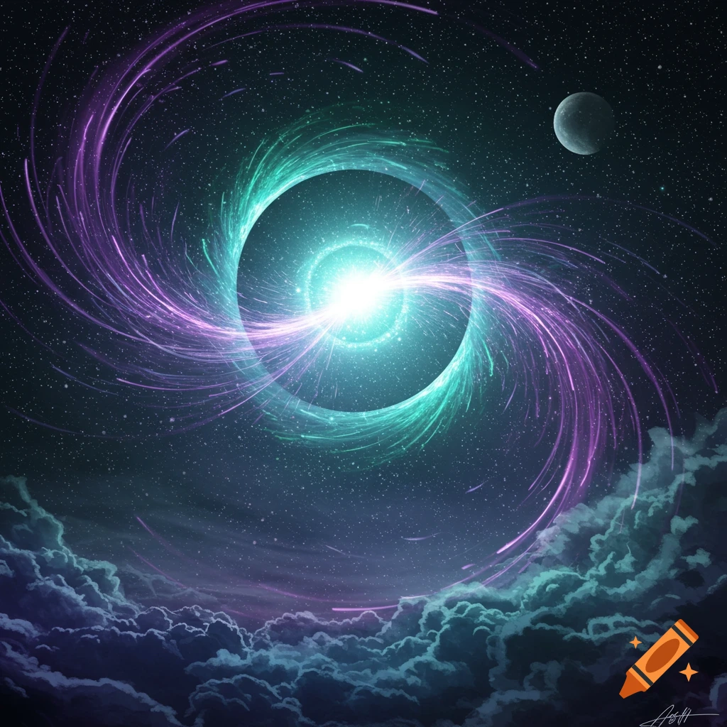 Bright energy burst with swirling purple and teal light in space, above clouds, with stars and a moon.