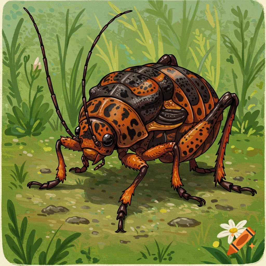 An orange and black potato bug in grass.