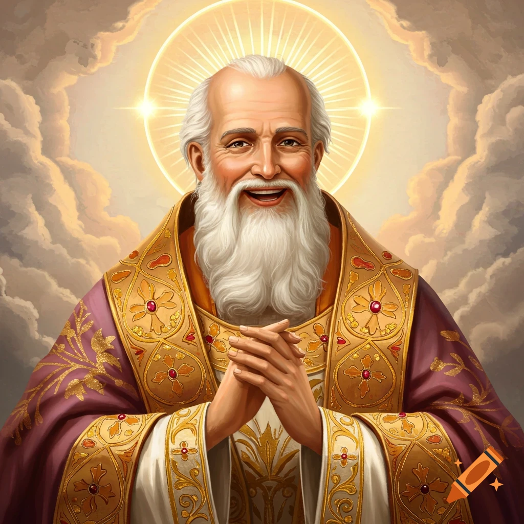 A portrait of a smiling elderly man with a white beard and halo, wearing ornate purple and gold religious robes, with clasped hands.