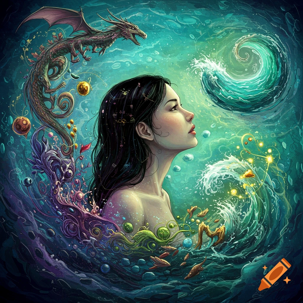 A woman is depicted gazing upwards towards a dragon amidst a swirling underwater fantasy environment.