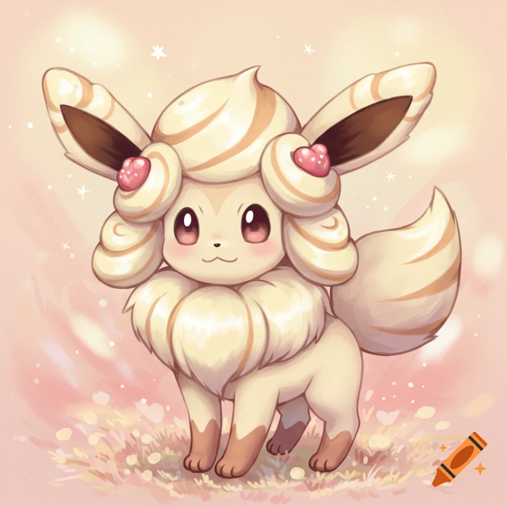 A cute Eevee and Alcremie Pokemon fusion creature stands in a pastel-colored field.