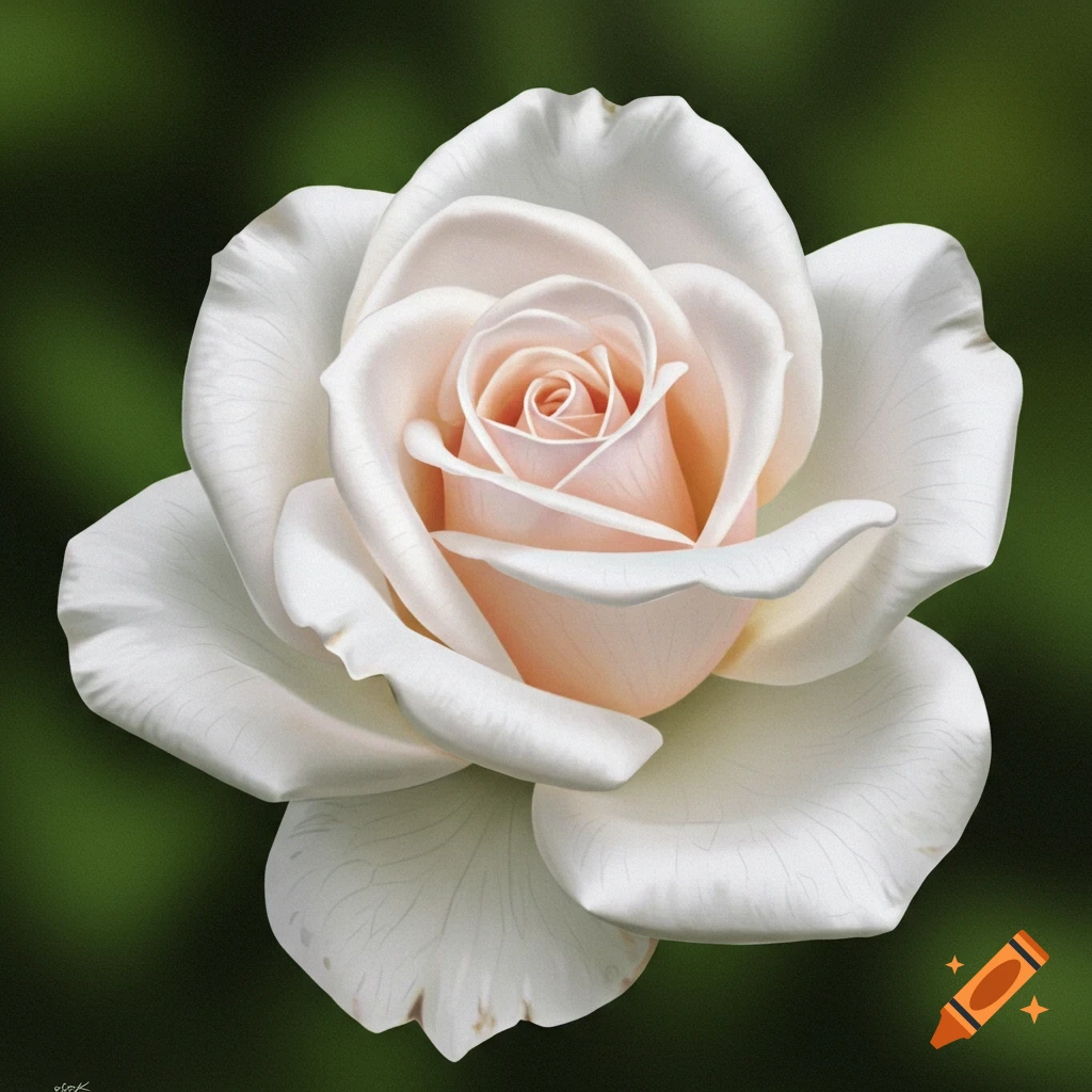 A detailed depiction of a white rose with a pink center.