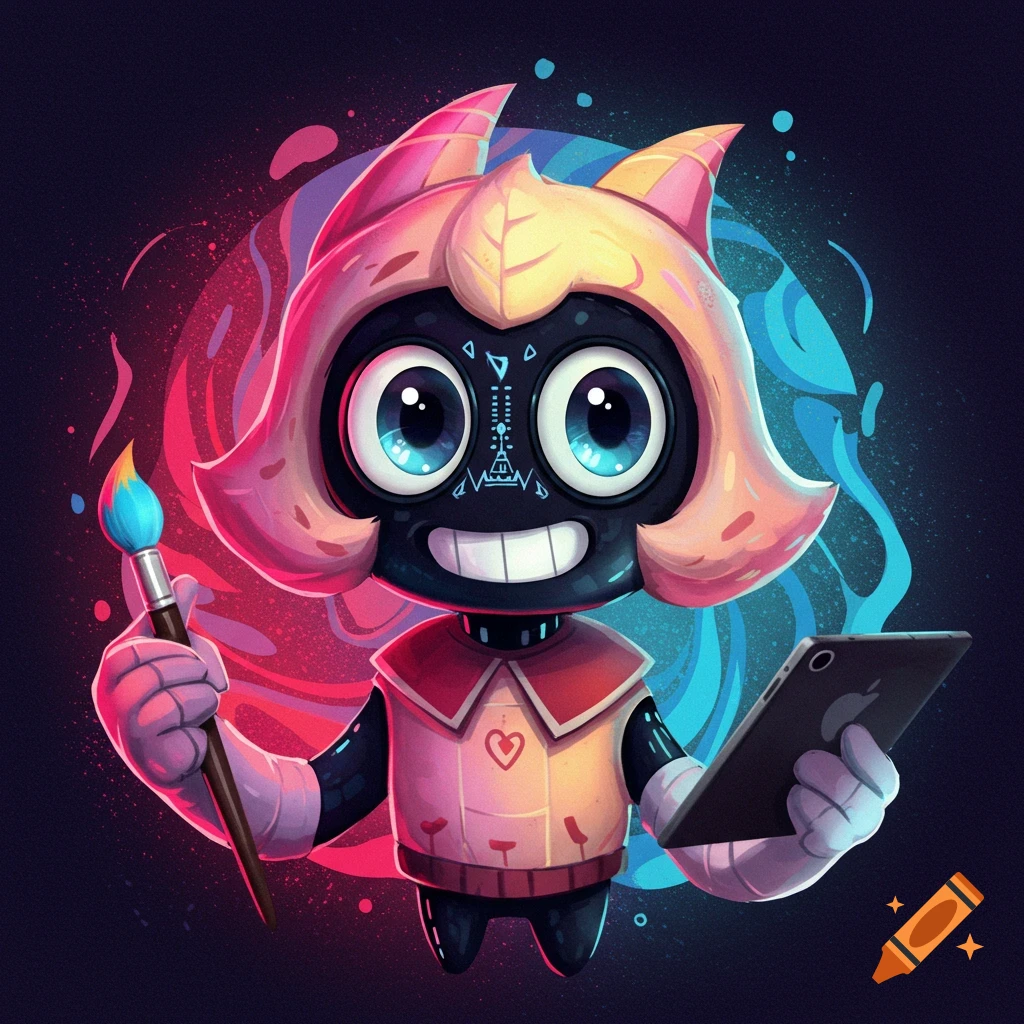 Cartoon character with big eyes holding a paintbrush and tablet against a colorful background