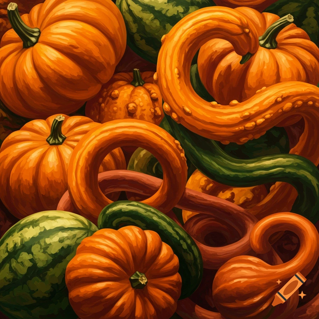 A pile of orange pumpkins, gourds, and green squash tangled together.