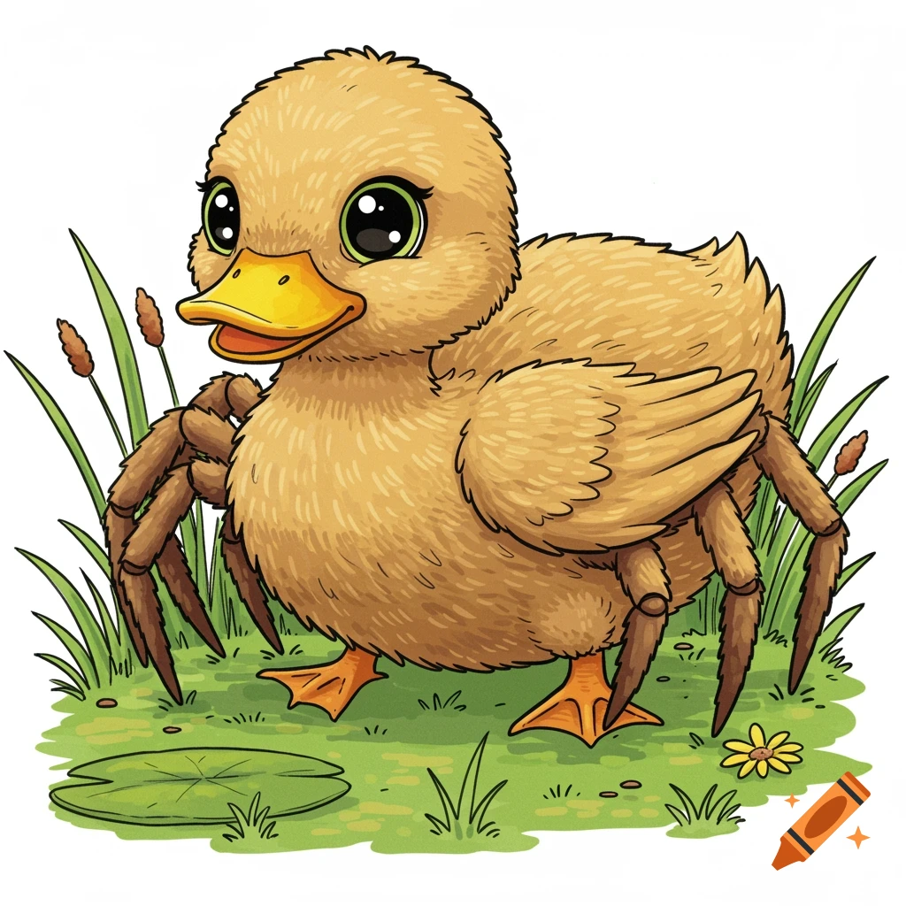 Cartoon spider-duck creature standing in grass with a lily pad.