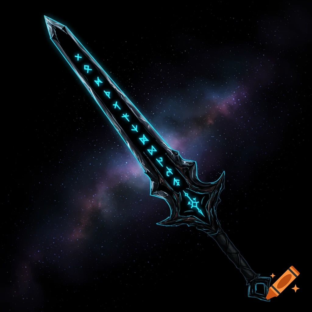 A dark fantasy sword with glowing blue runes on the blade, set against a backdrop of stars and a nebula.