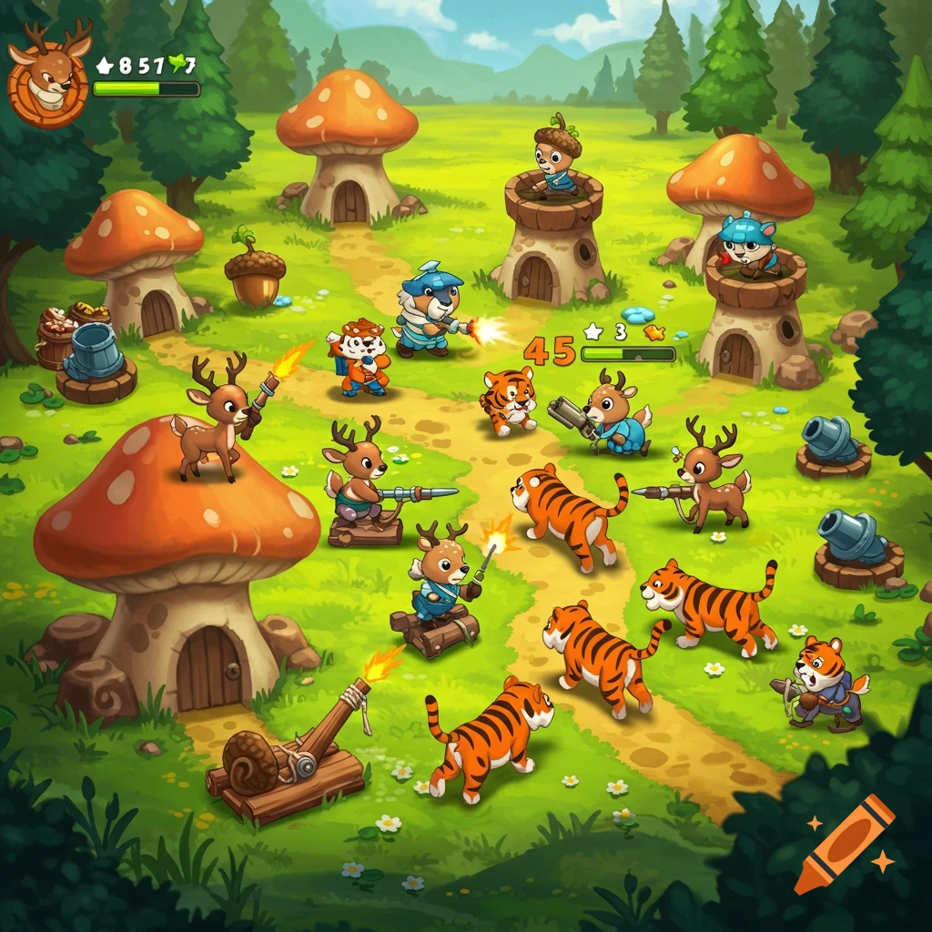 A cartoon tower defense game with deer characters fighting tiger characters in a forest with mushroom houses.
