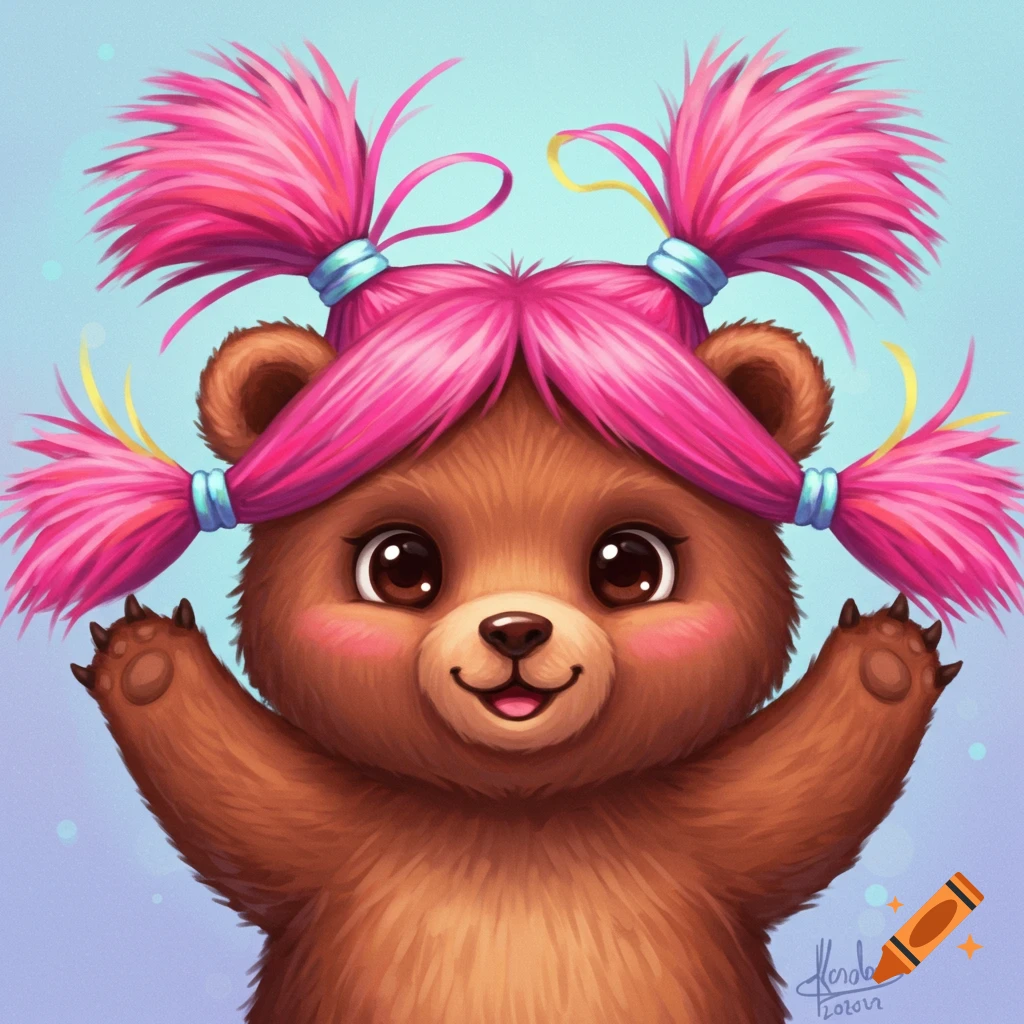 A cute cartoon bear with four pink pigtails smiles with paws raised