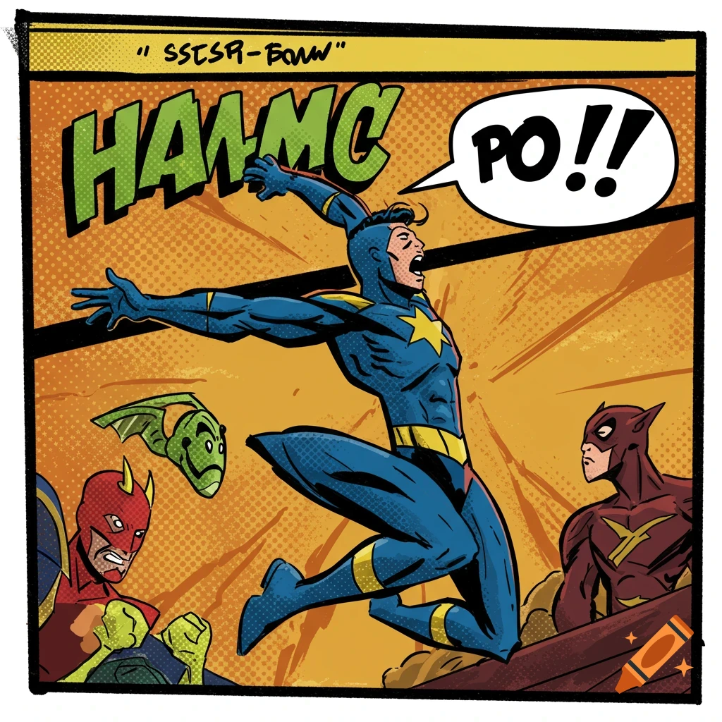 A superhero in a blue and yellow costume jumps in a comic book panel, fighting other costumed figures.