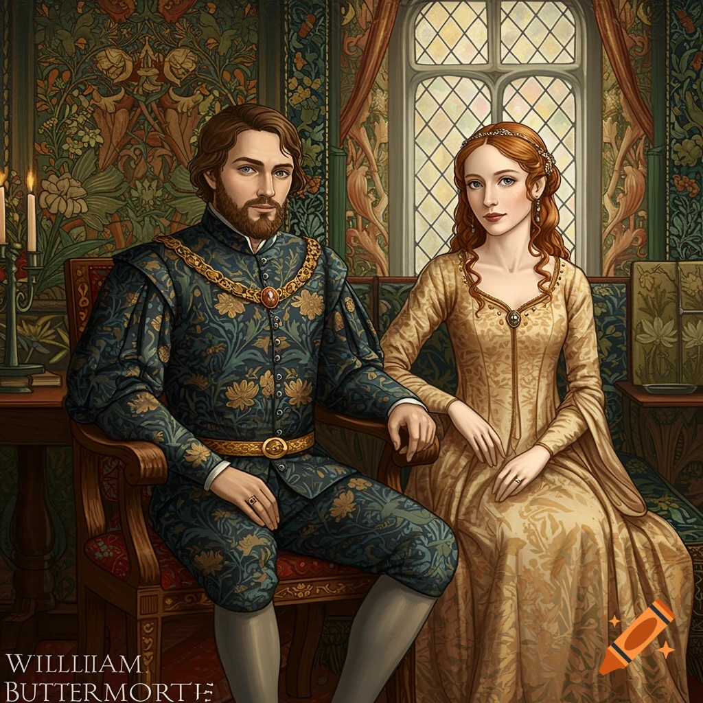 A portrait of a couple in historical clothing in a room with patterned walls, Arts and Crafts style.