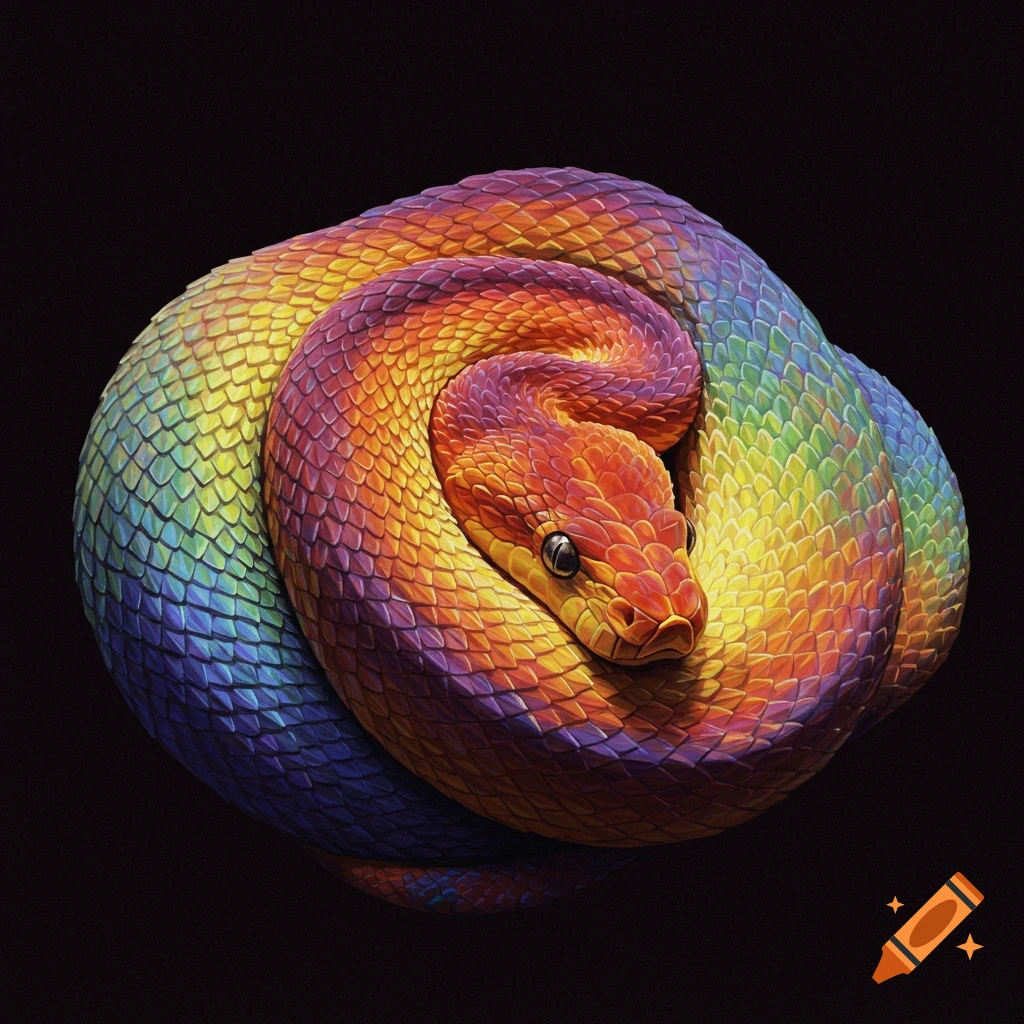 Colorful coiled snake with smooth, iridescent skin on Craiyon