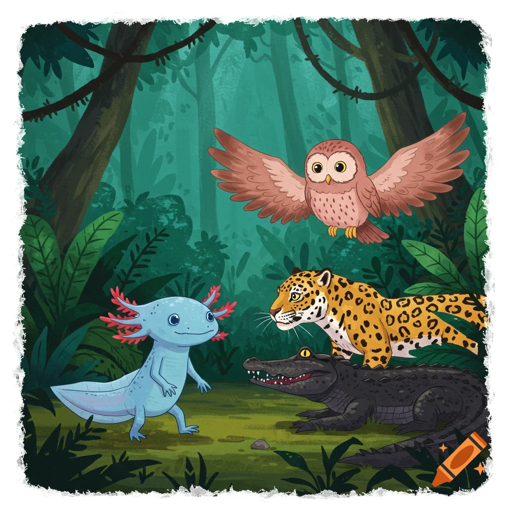 Cartoon illustration of an axolotl, owl, jaguar, and caiman in a jungle.