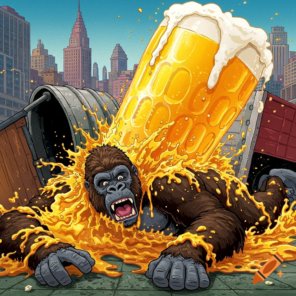 A giant gorilla is being flooded by a huge glass of beer in a city street. Illustration.