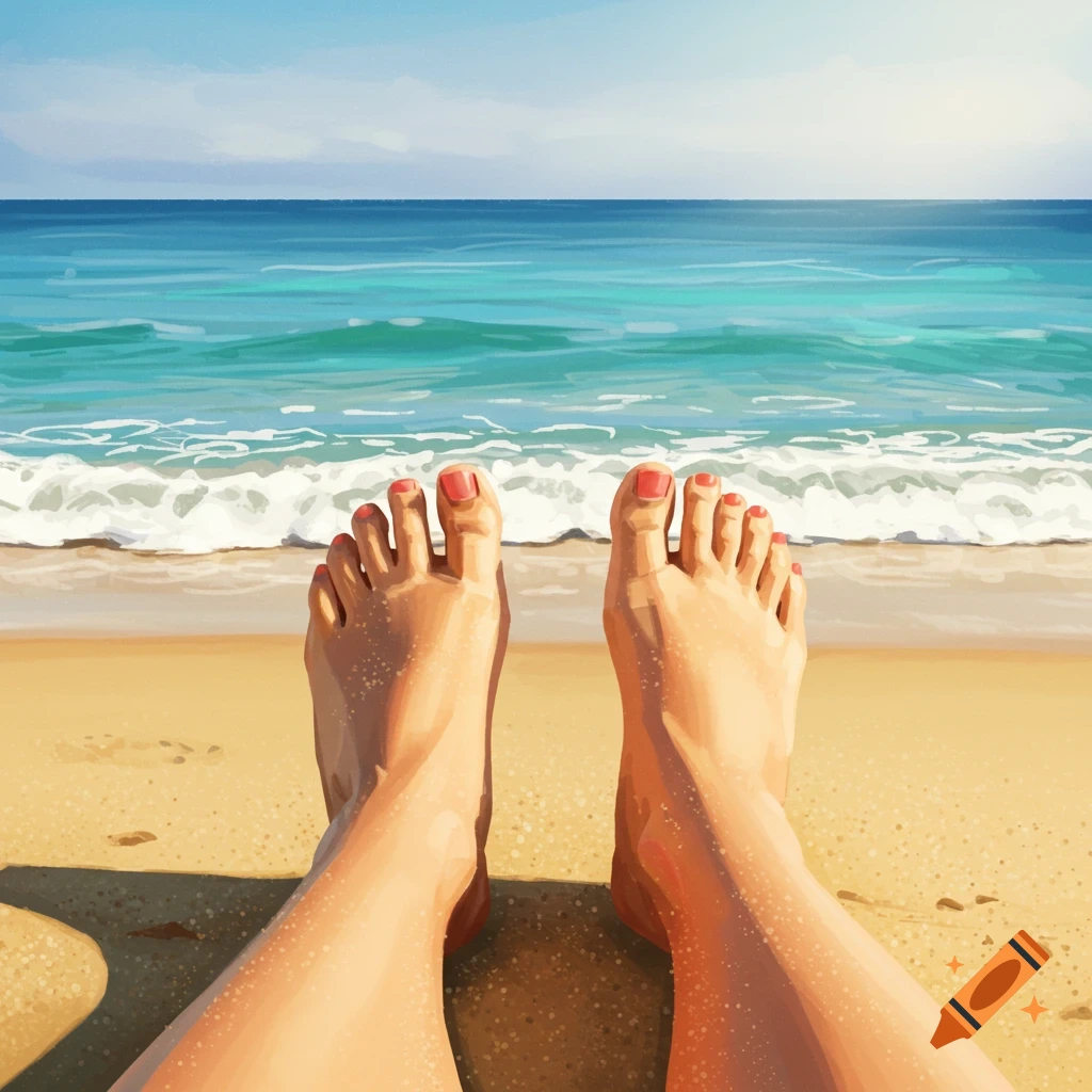 Feet on a beach looking out at the ocean