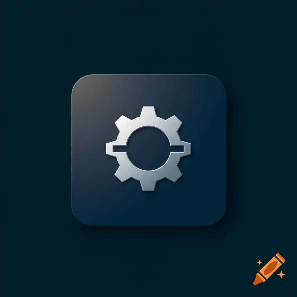 A silver gear icon on a dark blue square background.