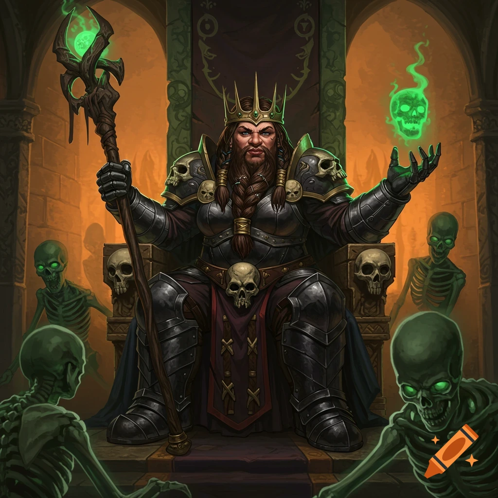 Fantasy illustration of a dwarf necromancer queen sitting on a throne, surrounded by skeletons and holding a staff with a glowing green orb.