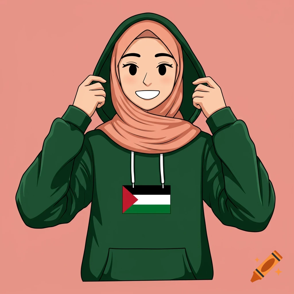 Cartoon girl in green hoodie and peach hijab with a Palestinian flag on her chest