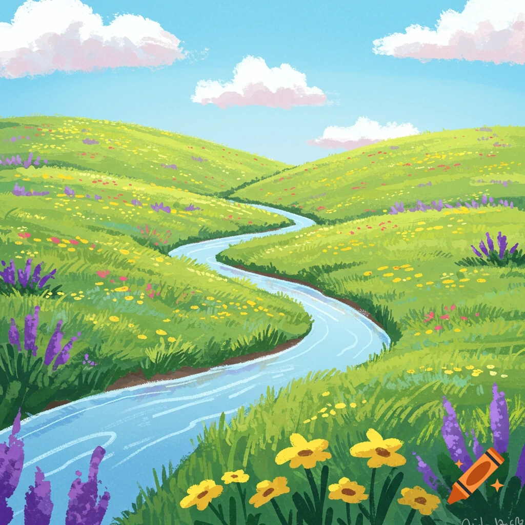 A winding river flows through a green meadow filled with yellow and purple flowers under a blue sky.
