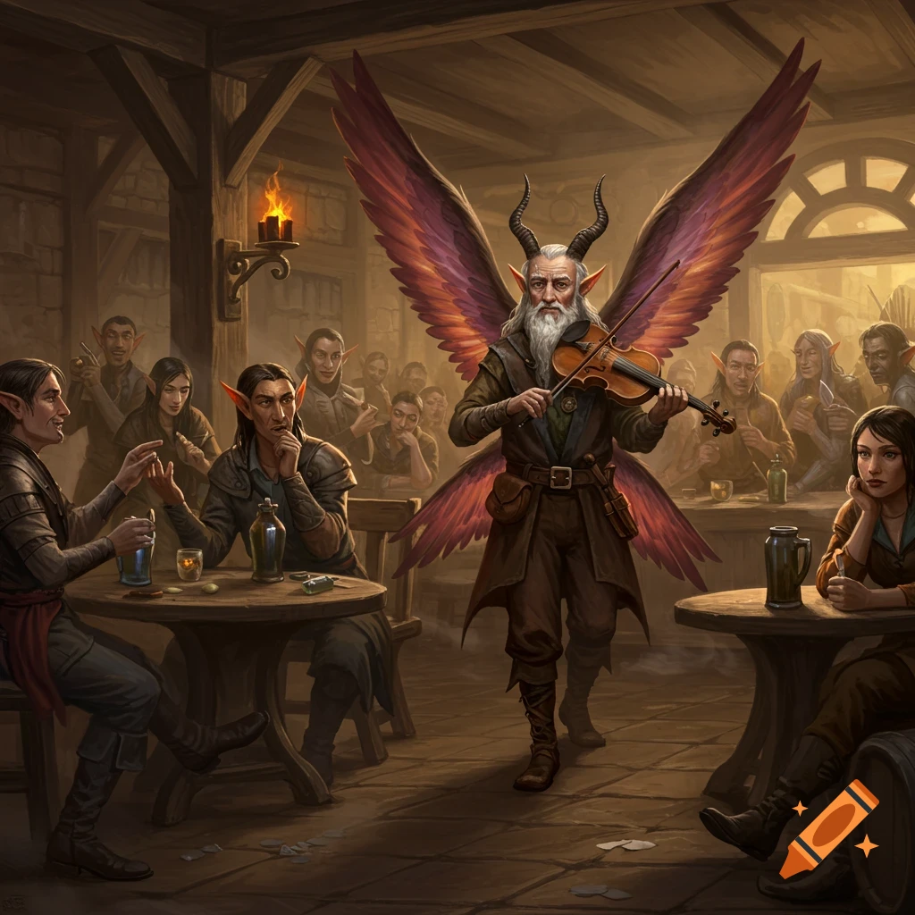 A winged fae plays a violin in a crowded tavern filled with various fantasy creatures.