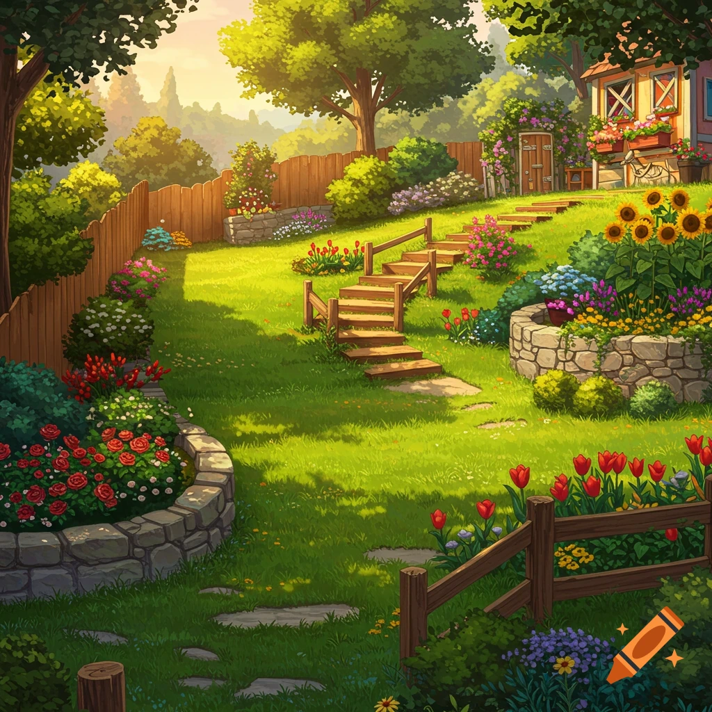 A lush backyard garden with steps, flowers, and a house on a hill.