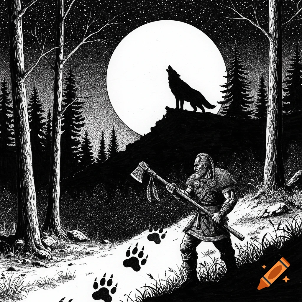 Black and white ink illustration of a Viking warrior with an axe, wolf prints, and a howling wolf silhouette under a full moon in a forest.