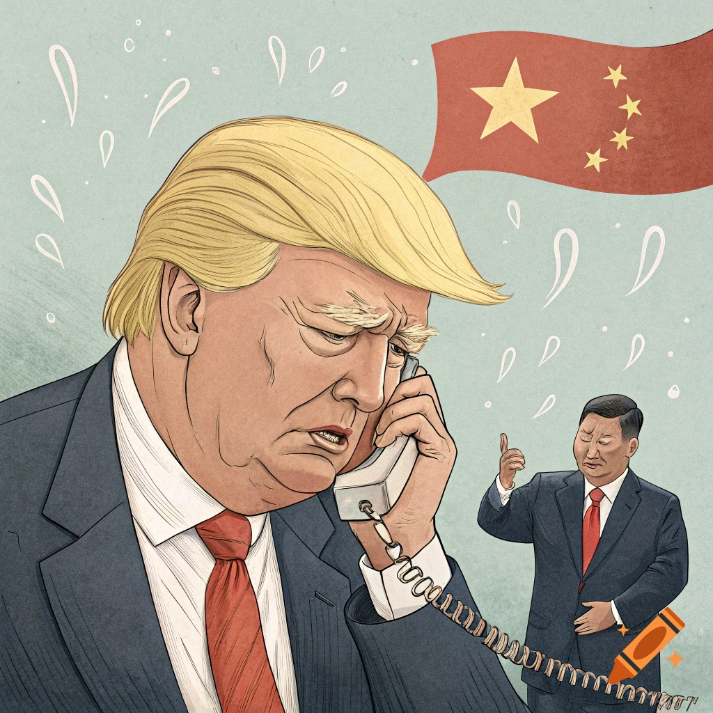 Political illustration of Donald Trump crying on the phone with Xi Jinping pointing in the background.