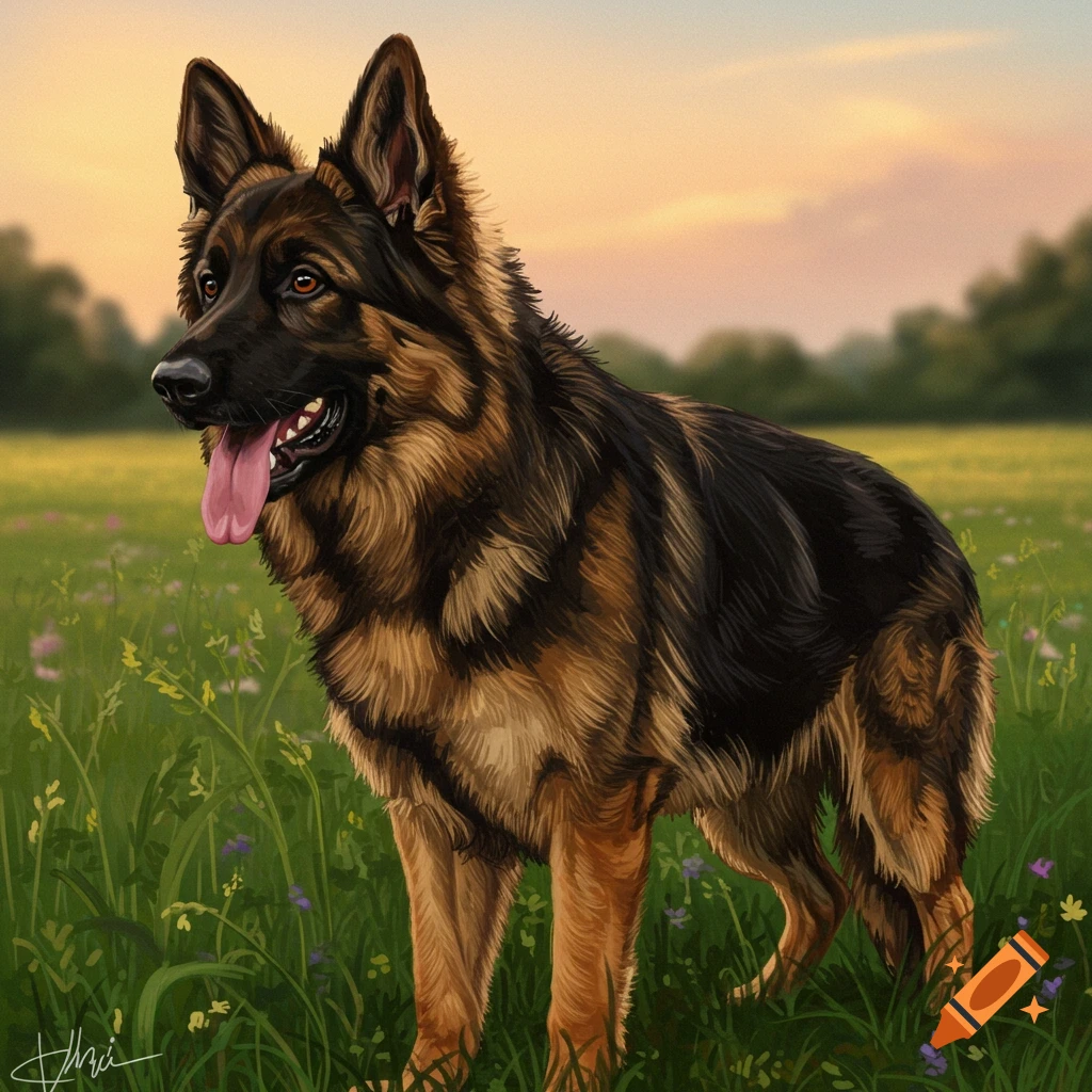 A German Shepherd dog standing in a grassy field at sunset.