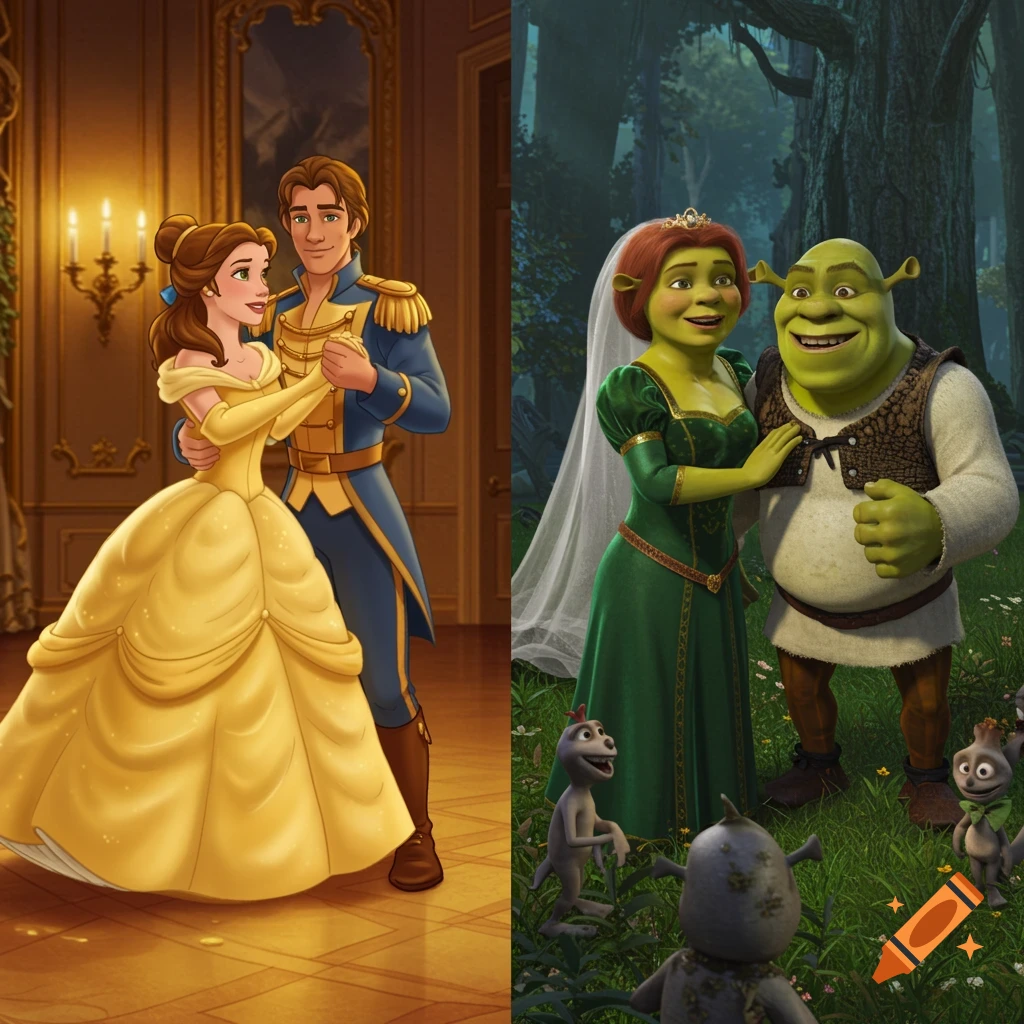 Belle and the Prince dancing in a ballroom on the left, Shrek and Fiona in a forest setting on the right.