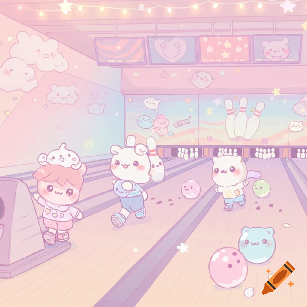 Kawaii cartoon animals and a person bowling in a pastel pink alley.