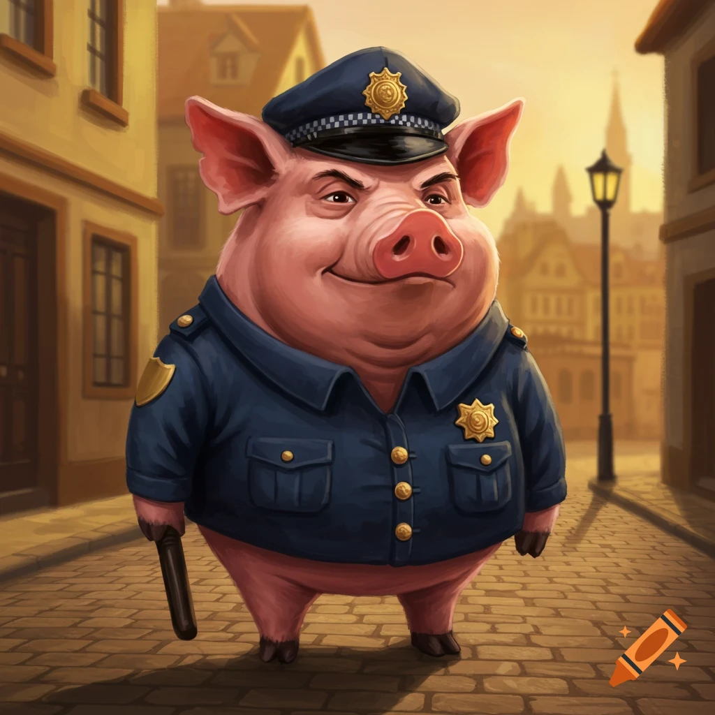 Cartoon pig in a police uniform standing on a street