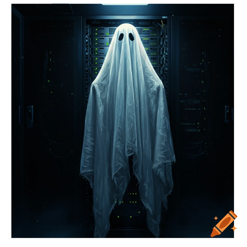 A ghost standing in front of server racks in a dark room.