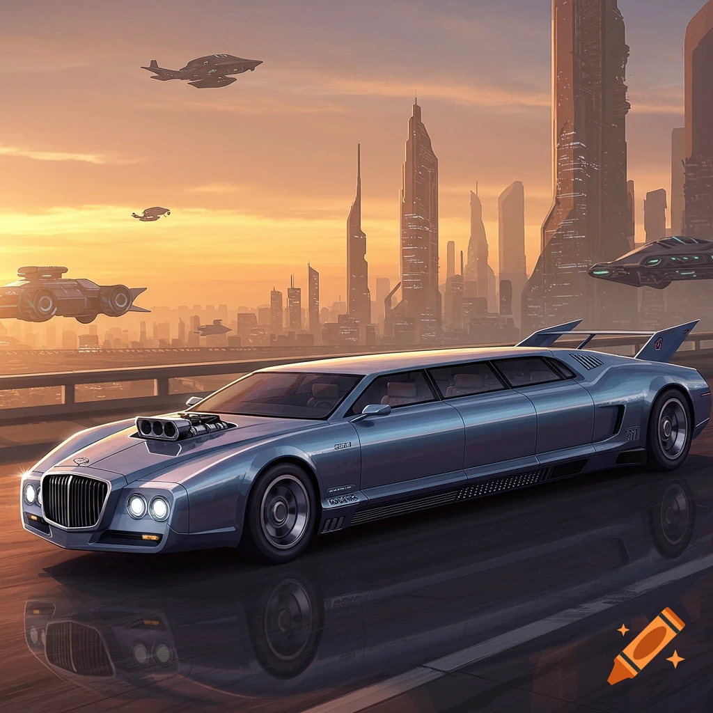 A futuristic blue limousine drives down a road past a city skyline with flying vehicles at sunset.