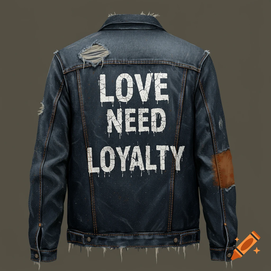 A distressed denim jacket with 'LOVE NEED LOYALTY' text on the back.