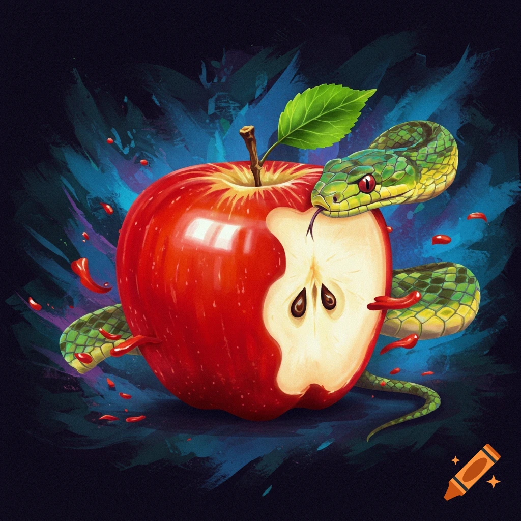 A red apple with a bite taken out is wrapped by a green snake.