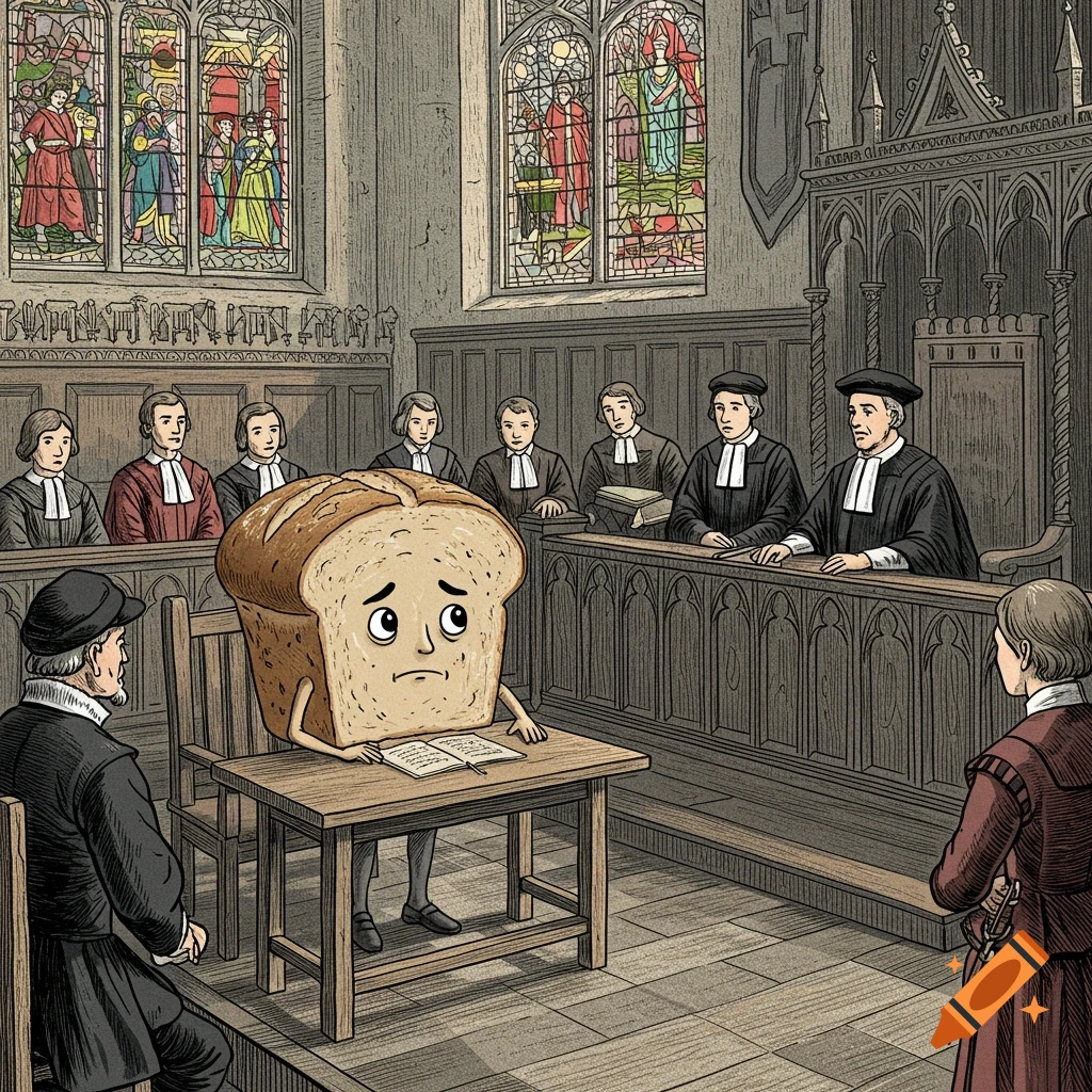 A loaf of bread with a face sits at a table in a courtroom before judges and witnesses, in a 16th-century style illustration.