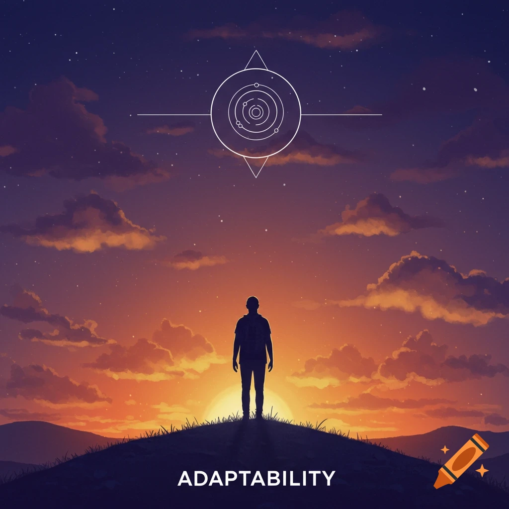 Silhouette of a person on a hill watching a sunset under a starry sky with a geometric symbol and the word ADAPTABILITY.