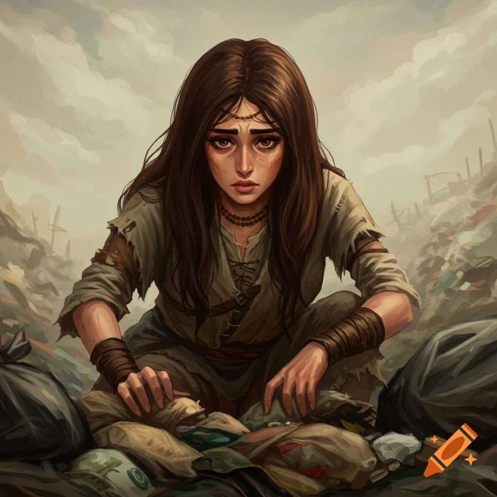 A young woman in rags searching through trash