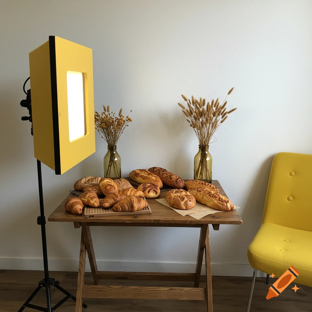 A wooden table with bread, croissants, and brioche in a room with a yellow light box, chair, and dried flowers.