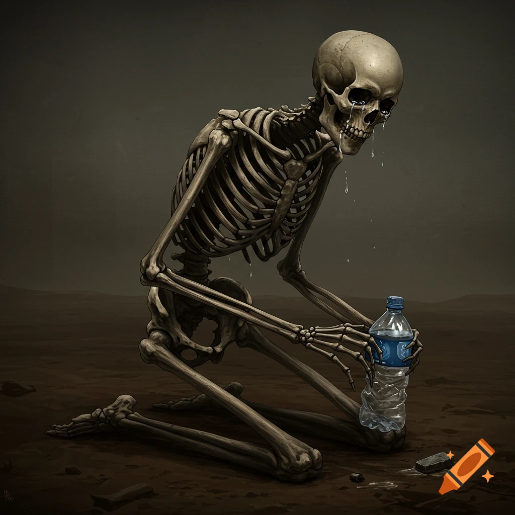 A skeleton kneeling and crying, holding a water bottle.