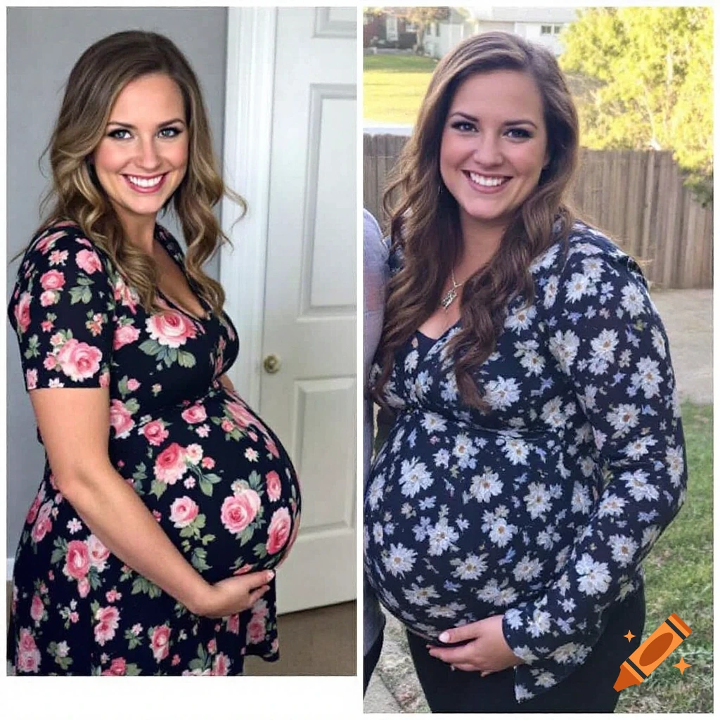 Two side-by-side photos of a pregnant woman wearing a floral dress and holding her belly.