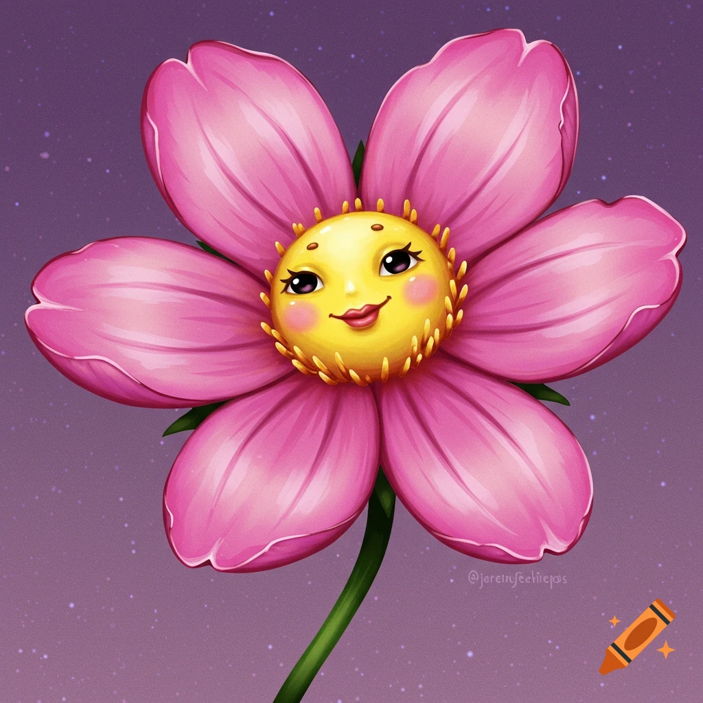 A cartoon pink flower with a smiling face in the center on a purple background with small stars.