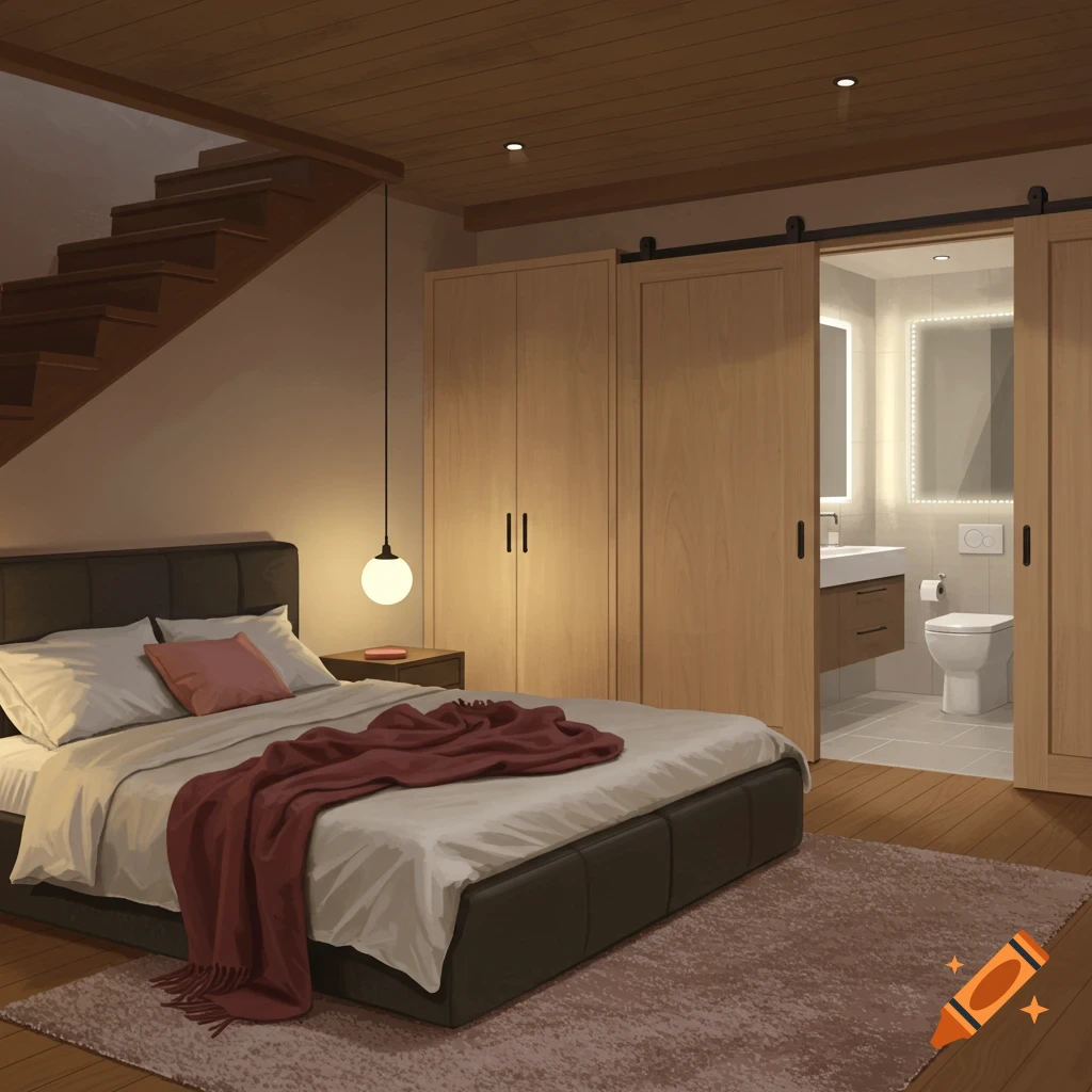 A modern bedroom with a bed, stairs, and an open sliding door to a bathroom.