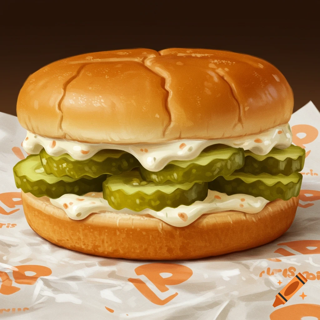 A sandwich with a bun, pickles, and sauce is on Popeyes wrapping paper.