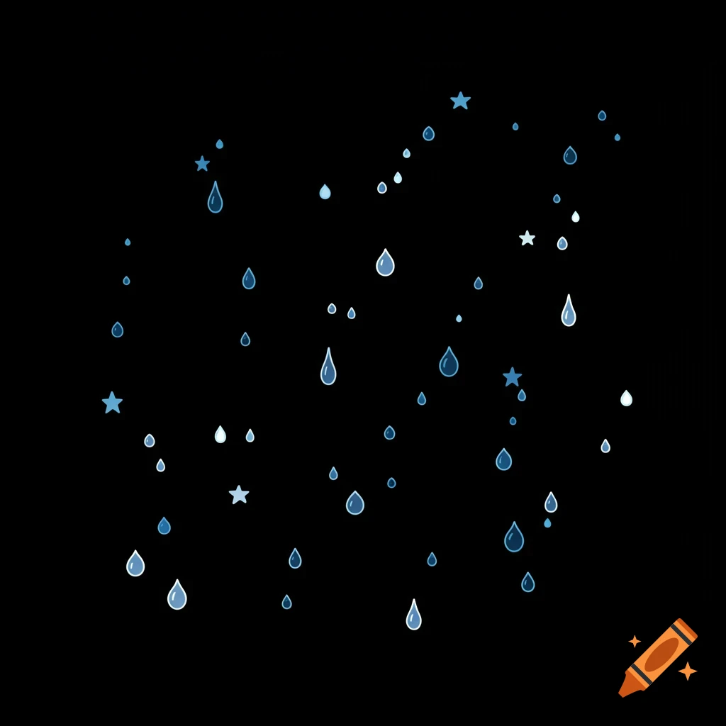 Stylized blue and white raindrops and stars falling on a black background.