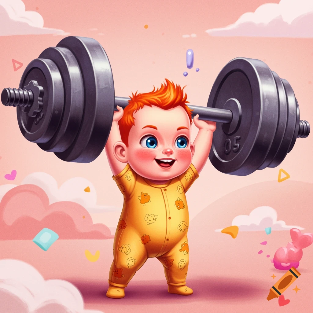 A cartoon baby with red hair and blue eyes smiles while lifting a massive barbell over its head.